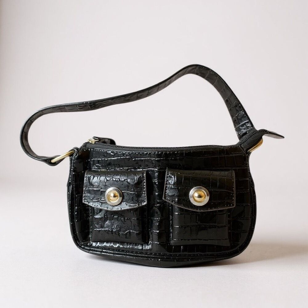 XOXO Black Faux Leather Shoulder Bag Small, Chic, Dual Front Pocket Purse